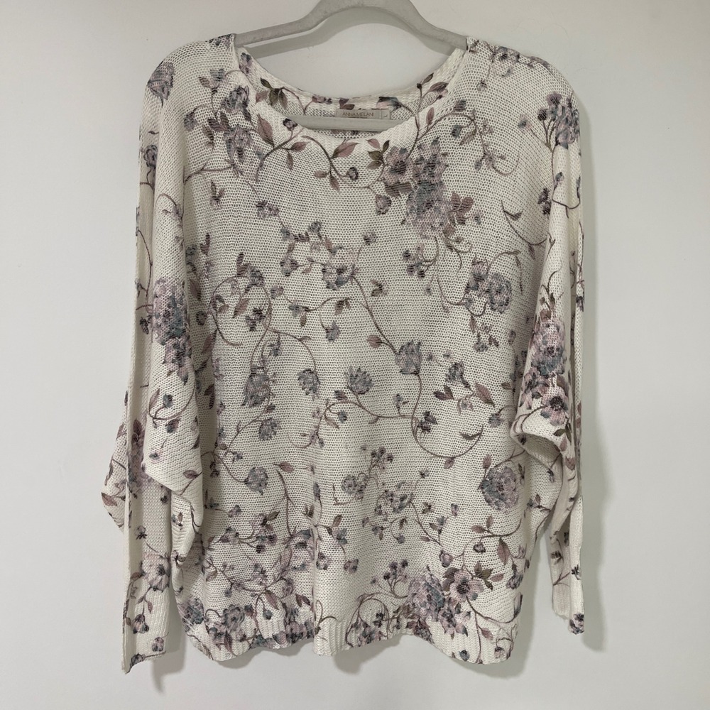 Anna Melani Floral‎ Knit Batwing Sweater Womens Large Cream Purple | Cottagecore